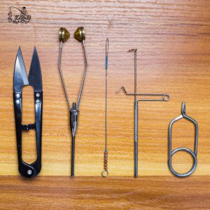 Scissors, bobbins, bobbin threader, whip finisher, hackle pliers