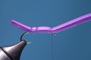 Bind down foam strip with 4-5 firm thread wraps just behind eye of hook.