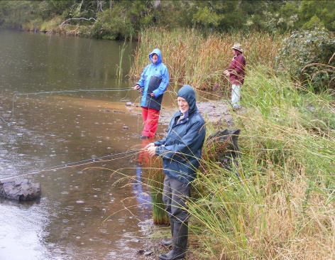 Three hardy souls brace the rain at Nundle