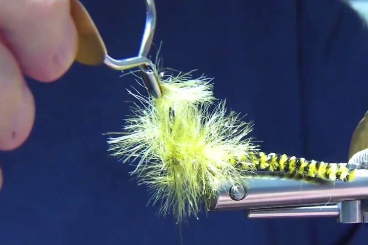 Tie in the chenille at the eye and back to the bend of the hook. Wrap the chenille with touching wraps to the eye.