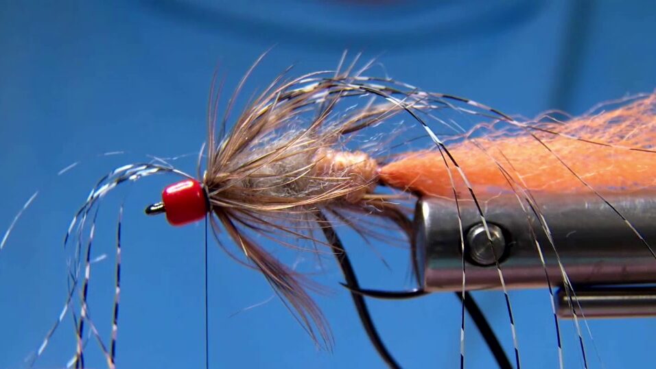 Tie in a Malleefowl feather throat, then tie in 5 strands of black/white micro Voodoo Fibers on the sides and top, extending past the tail.