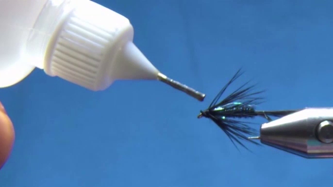 Hackle wrapped 2–3 times and secured, head finished with angled double half hitch.