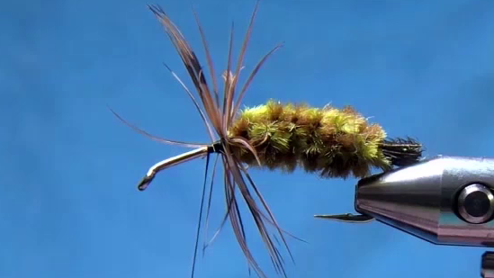 Mottled brown feather wound twice around the hook, legs flaring outward and slightly downward.
