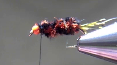 Black and brown variegated chenille wrapped forward to create a slightly thick, segmented body.