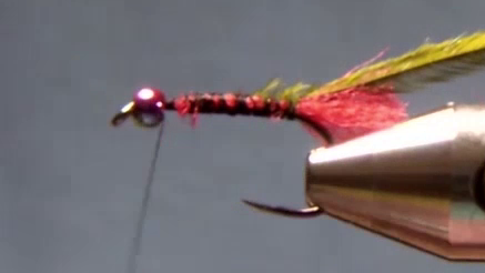Red polyyarn tail and ostrich herl tied in behind the bead, extending back to hook bend.