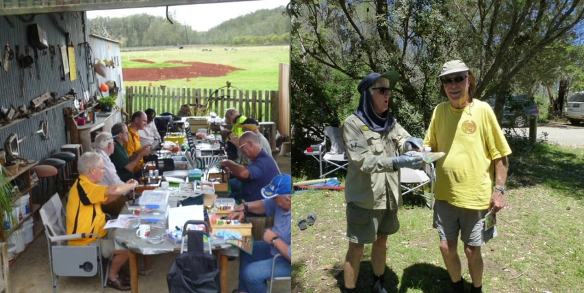 Left: Geoff (another other members) fly tying at Ron and Dawn's place. Right: Geoff at Comboyne Casting Day.