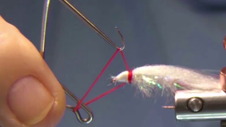 Tying three tight wraps of red thread placed directly behind the head, ready for whip finish.